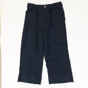 Joie Wide Leg Pants Womens Medium Dark Blue Linen Blend Tie Waist Cropped New